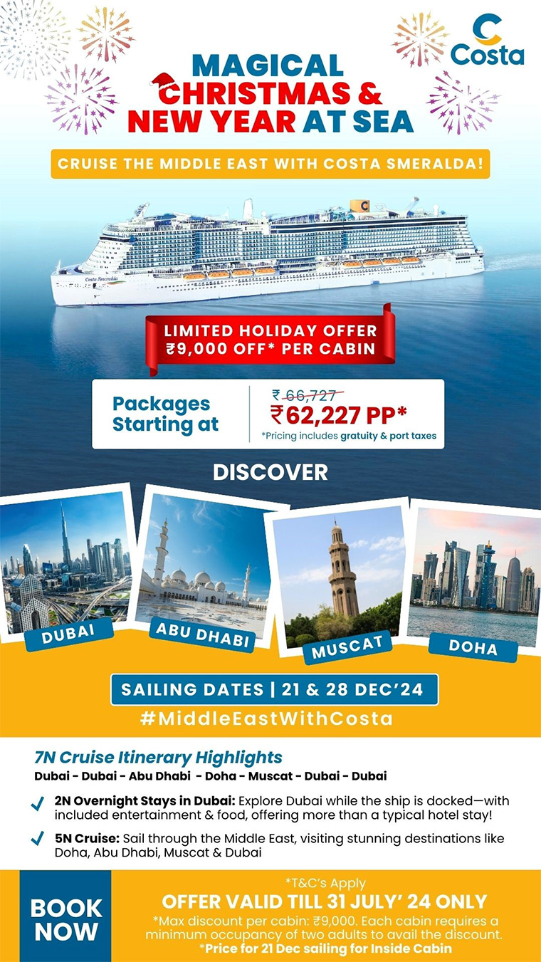 Costa Cruises: Rs 9000 off per cabin on Costa Smeralda’s 
                                    Year End Sailings from Dubai